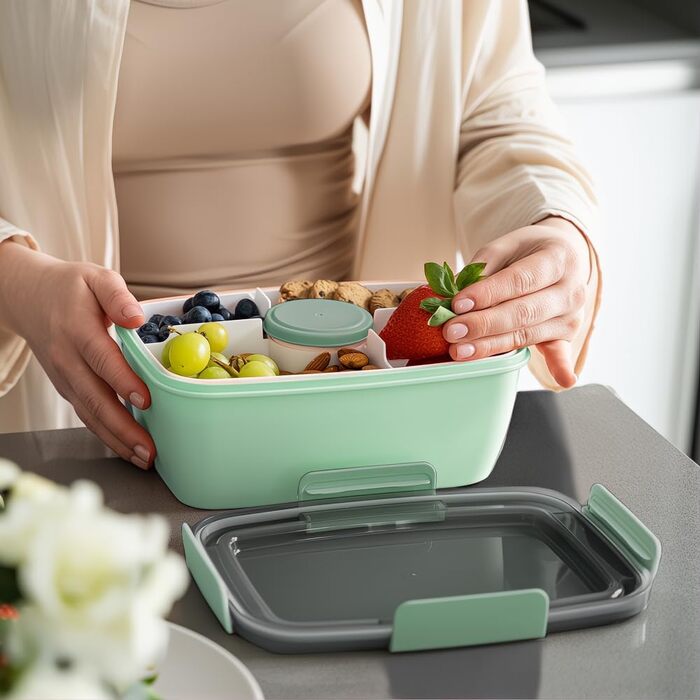 Ланчбокс Bugucat 2000 мл, витримує протікання, бенто-бокс з відділеннями для їжі, контейнер для салату, набір з виделкою, для школи, пікніка, чорний (2000 мл)