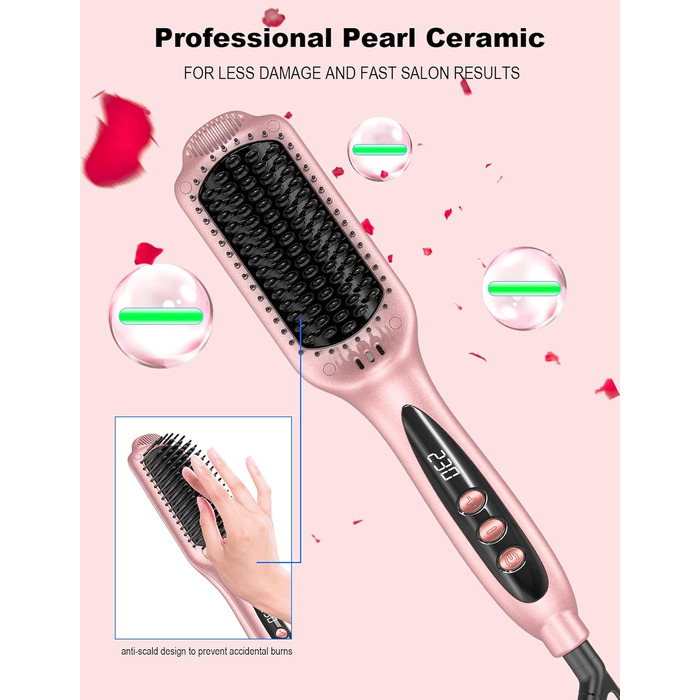 LANDOT Glättbürсте для випрямлення волосся з керамічним покриттям: електрична щітка-випрямляч з іонізацією, цифровим дисплеєм та регулюванням температури до 230°C (Rosengold)