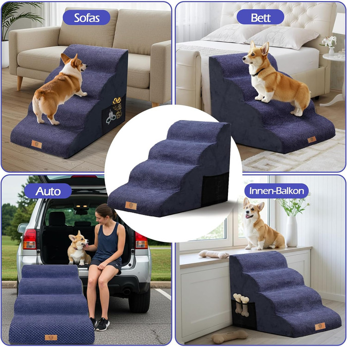 Сходинки для собак Eukue: 2/4 сходинки для маленьких собак до ліжка/дивану, з щільного пінополіуретану, портативні, знімний чохол (білий/синій)