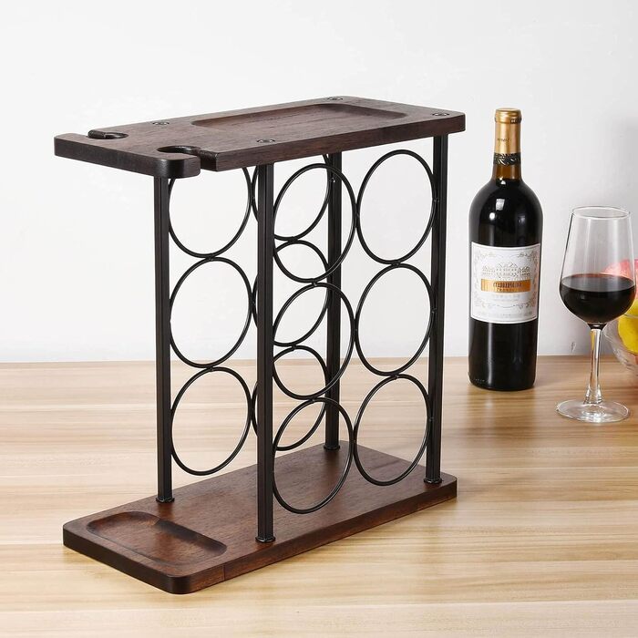Wine rack with glass holders, tabletop wine holder with tray, freestanding wooden wine rack, perfect for home decor & kitchen storage rack, etc. (holds 6 bottles and 2 glasses)