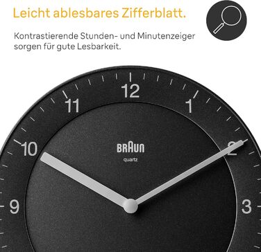 Braun Classic analog wall clock with quiet quartz movement, easy-to-read dial with a 20 cm diameter in black, model BC06B.
