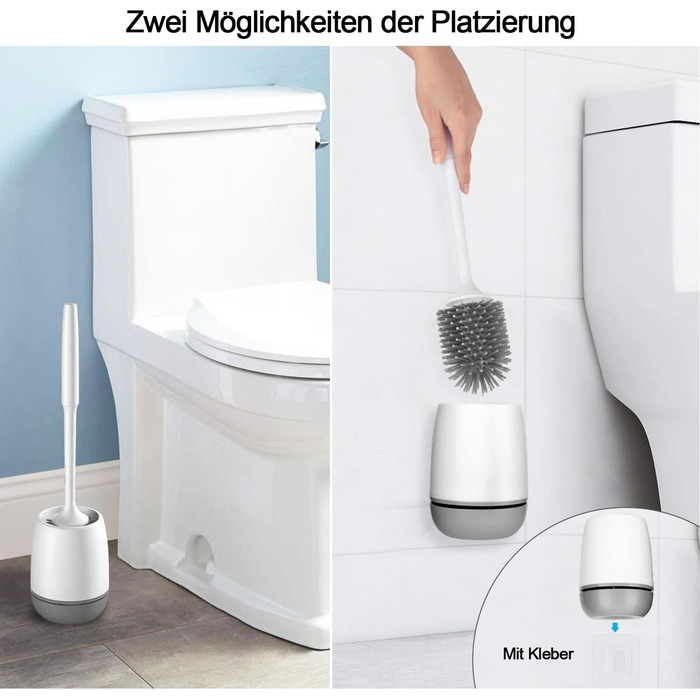 Силіконова щітка для унітазу Klobürste з тримачем, монтаж на стіну/підлогою, швидковисихаючий набір для ванної кімнати – білий (сірий та білий)