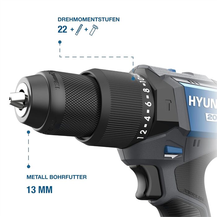 Акумуляторний ударний шурупокрут Hyundai HD20X-60-2A1 | 20V, безщітковий двигун, 60 Nm, патрон 13 мм, 2-швидкісне металеве редуктор, комплект: шурупокрут, акумулятор 2.0Ah, зарядний пристрій, кейс