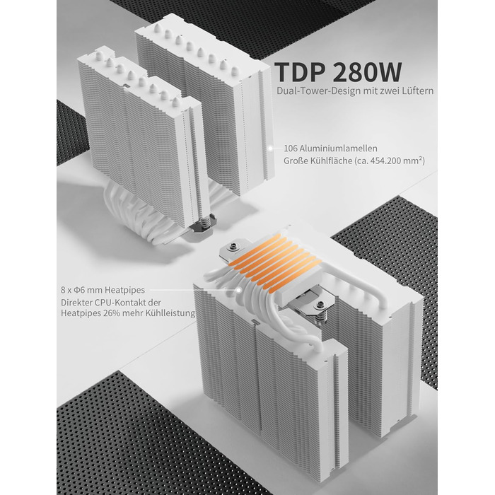 upHere UE2 Elite KC8C CPU кулер ARGB 120mm, Dual-Tower з 8 теплових трубок, TDP 280W, для процесорів AM5/AM4/AM3 Intel 1851/1700/115x/1200, тихий кулер для ПК (UE2 Elite T8-White)