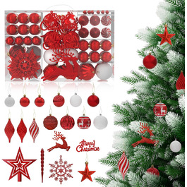 Набір 108 шт. новорічних кулічок Aufun Premium: пластик, верхівка, зірка, безпечні прикраси, багаторазові, кольори: шампань, червоний, срібний