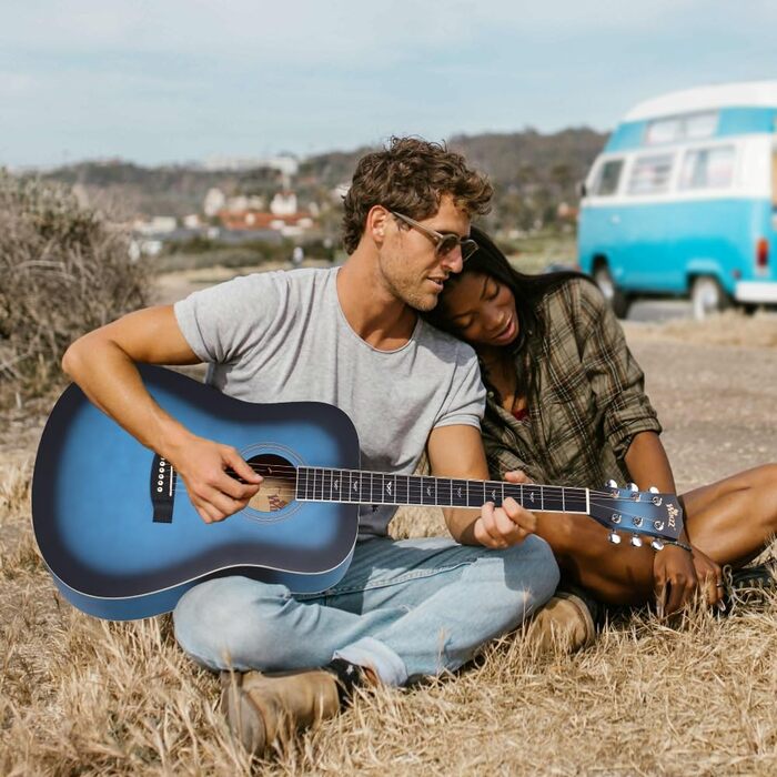 Акустична гітара Winzz 4/4 для початківців, 41 дюйм, з чохлом, тюнером, ременем, медіатором, запасним струною та підставкою (натуральний, блакитний)