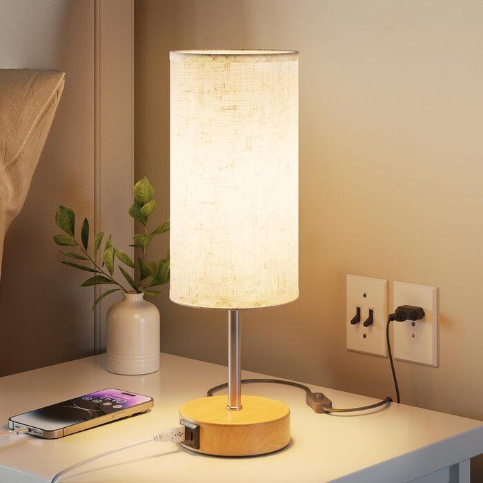 Нічна лампа UPXNBOR з USB-A та USB-C зарядкою, торшер з сенсорним керуванням та 3 рівнями тепла, для спальні та вітальні (E27 лампочка в комплекті), тканинний абажур