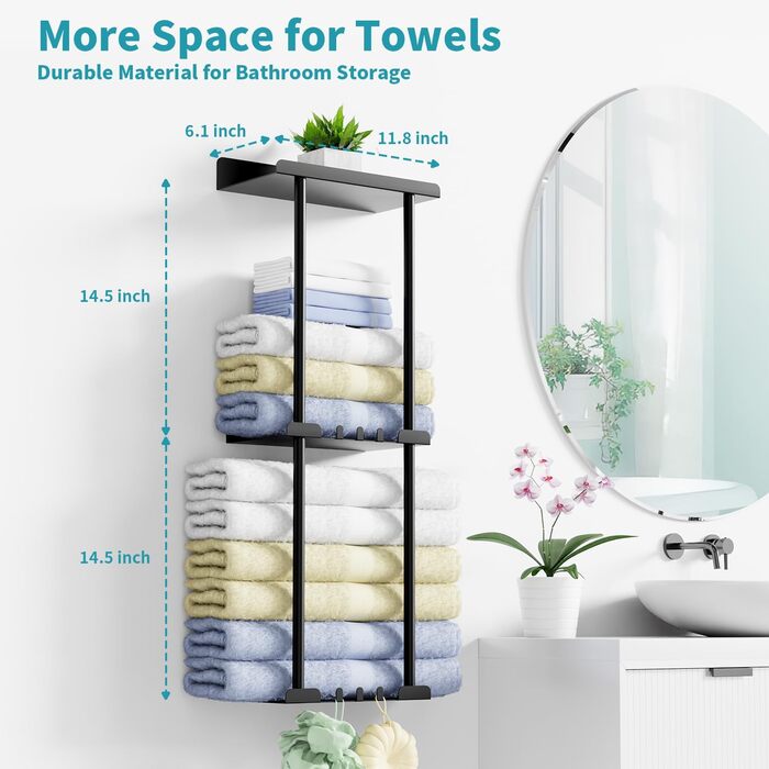 Тримач для рушників без свердління, чорний, з 6 гачками та полицею для ванної кімнати та кухні