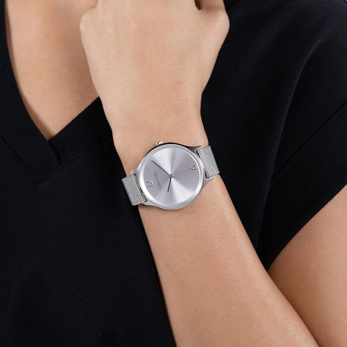 Жіночий аналоговий кварцовий годинник Calvin Klein Timeless Mesh 38мм, сріблястий, зі сталевим плетеним або шкіряним ремінцем