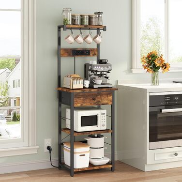 Стелаж кухонний з розетками, стелаж для пекаря, підлоговий стелаж, 34 x 48 x 139 см, стелаж для випічки з шухлядами, стелаж для мікрохвильової печі, 4 S-гачки, для кухні, вітальні, їдальні, коричневий та чорний ABRHR48UE01