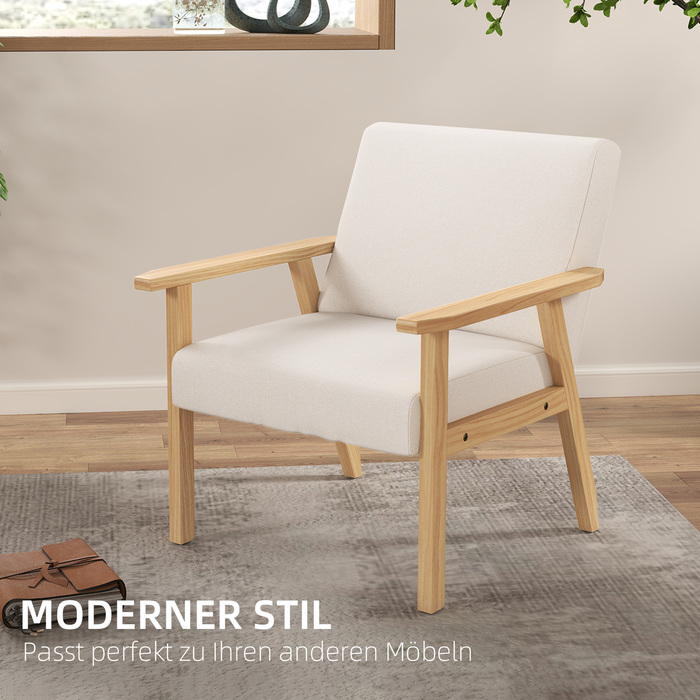 HOMCOM Lounge Chair with Armrests, Dining Chair, Relax Chair in Linen Look, Upholstered Armchair for Living Room, Bedroom, Solid Wood Frame, 64 x 70 x 72 cm, Cream White | Aosom