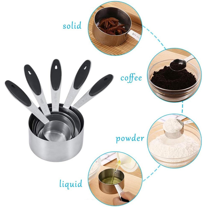 Stainless steel measuring cups and spoons, 10-piece set with storage rings, nesting teaspoons for measuring dry and liquid ingredients. Spoons