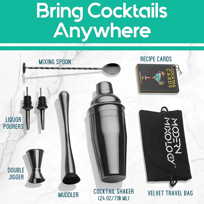 Black Cocktail Shaker Set - Bartender Kit with Tools - Kb4
