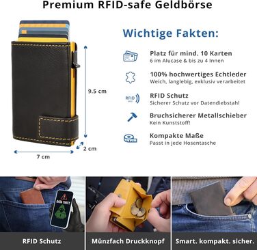 Шкіряний гаманець-картхолдер SecWal з монетницею та RFID-захистом, жовто-чорний, Made in Germany
