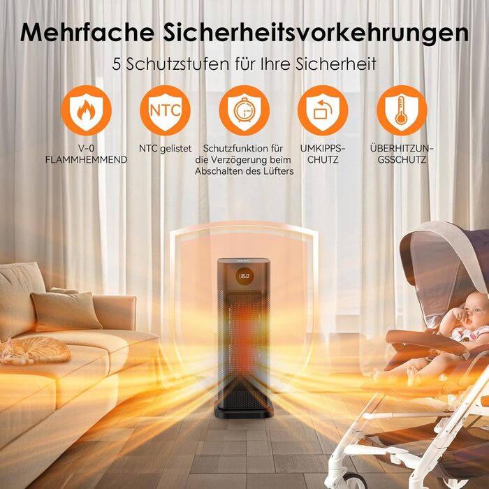 Електричний обігрівач Minthouz: 2000W, PTC кераміка, 3 режими, термостат, пульт, LED-дисплей, таймер 12H, осциляція 70°, для дому та офісу
