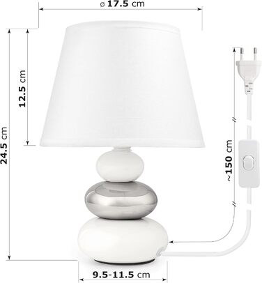 Нічна лампа 'Ліна' - керамічна настільна лампа з абажуром з тканини, сумісна з LED, цоколь E14, 230V, для вікна, дивана, підвіконня (білий/сріблястий)