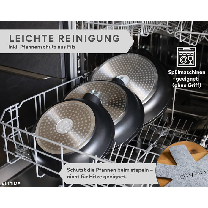 Пательня велика 28 см з антипригарним покриттям, знімною ручкою, для всіх типів плит (індукція) + захисні підкладки з повсті, без PFOA/PFOS, чорна