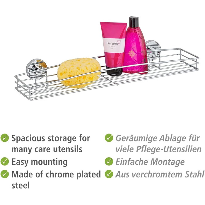 WENKO Vacuum-Loc Wand Maxiablage Milazzo, Bathroom Shelf in Wire Basket Design, Mounting without Drilling, Chrome-plated Metal, 51 x 8 x 15 cm