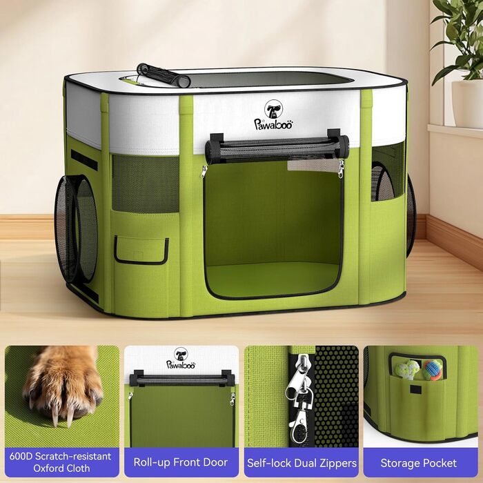 Pawaboo Розкладний вольєр для тварин, переносна клітка для собак та котів, зелений, 90x70x60 см (3-в-1)