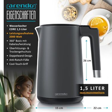 Електричний чайник Arendo з нержавіючої сталі 1.5 л, 2200 Вт, подвійні стінки, 360°, без BPA, захист від перегріву та сухого кипіння, чорний матовий сірий, 1.5 л