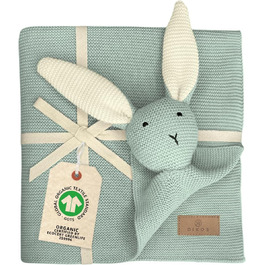 Дитяча ковдра DIKOS® SCHMUSE-HASE м'ятна, органічна бавовна GOTS, з іграшкою для новонароджених, подарунок на народження