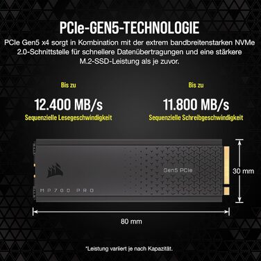 SSD Corsair MP700 PRO 2TB M.2 PCIe Gen5 x4 NVMe 2.0 - Швидкість до 11700 MB/s, TLC NAND, з кулером, чорний