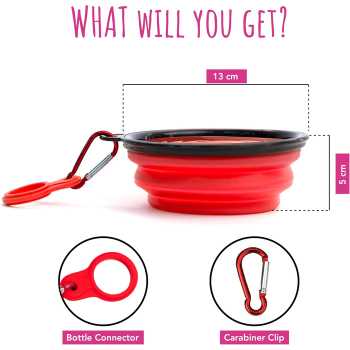 Складаний миска для собак TDL, 350 мл, червоний. Зручна для подорожей, з карабіном та тримачем для пляшки. Підходить для собак та котів.