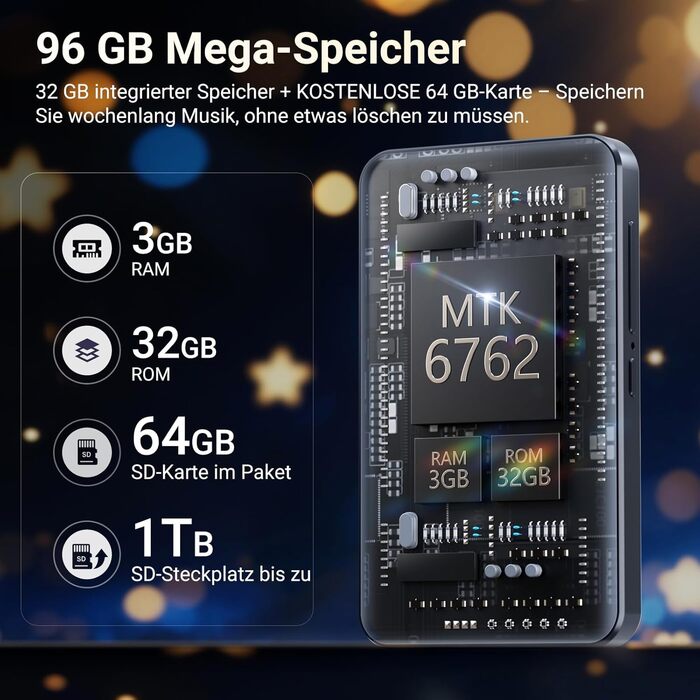 MP3 плеєр Mechen 96GB Android 13 з Wi-Fi, Bluetooth, Spotify, FM радіо, сенсорний екран 4 дюйми. Підтримка Amazon Music, Deezer, Audible, Play Store