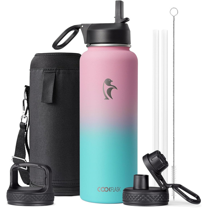 Термопляшка Coolflask 2л з соломинкою та 3 кришками, нержавіюча сталь, для спорту та офісу, герметична (Bubble Gum)