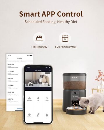 Автоматичний годівниця для котів PUPPY KITTY з камерою 1080P, WiFi, відео, аудіо, нічне бачення та миска з нержавіючої сталі. 1-8 прийомів їжі на день, чорний
