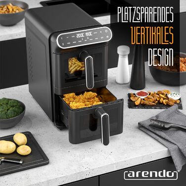 Фритюрниця Arendo з гарячим повітрям XXL Dual Zone з 2 камерами – 11 л – 2 зони – Airfryer з подвійними камерами та вікном – 6 програм – Без BPA – 3D циркуляція повітря – Функції Sync та Match A: 11 літрів