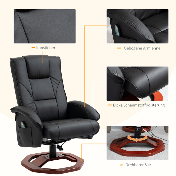 HOMCOM Massage Recliner with Footrest, 360° Swivel, Reclining Chair with Artificial Leather Upholstery, 73 x 83 x 106 cm for Relaxation