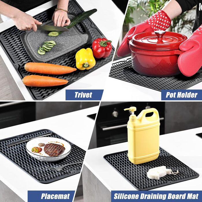 Килимок для посуду KitchenRaku 40x45 см, силіконовий, термостійкий, антиковзний, чорний