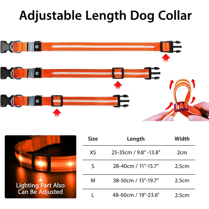 Світловідбиваючий нашийник для собак ASBRILL з LED підсвічуванням, водонепроникний, регульований, 3 режими освітлення, для малих, середніх та великих собак (XS, помаранчевий)