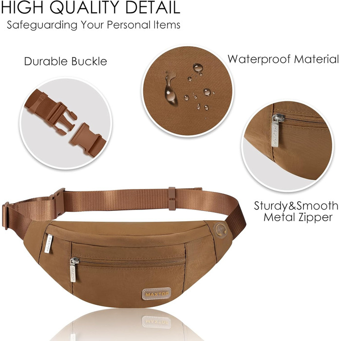 Поясна сумка Maxtop для чоловіків та жінок, чорна, водонепроникна, з 4 кишенями на блискавці, для спорту, подорожей, кемпінгу, велосипеду