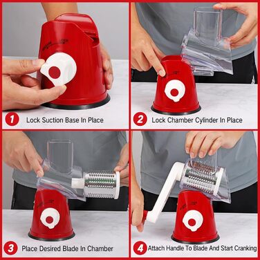 Ручна тертка для сиру та овочів Diealles Shine з 3 змінні леза з нержавіючої сталі, з кришкою, для сиру, овочів, горіхів, кабачків, моркви (червона)