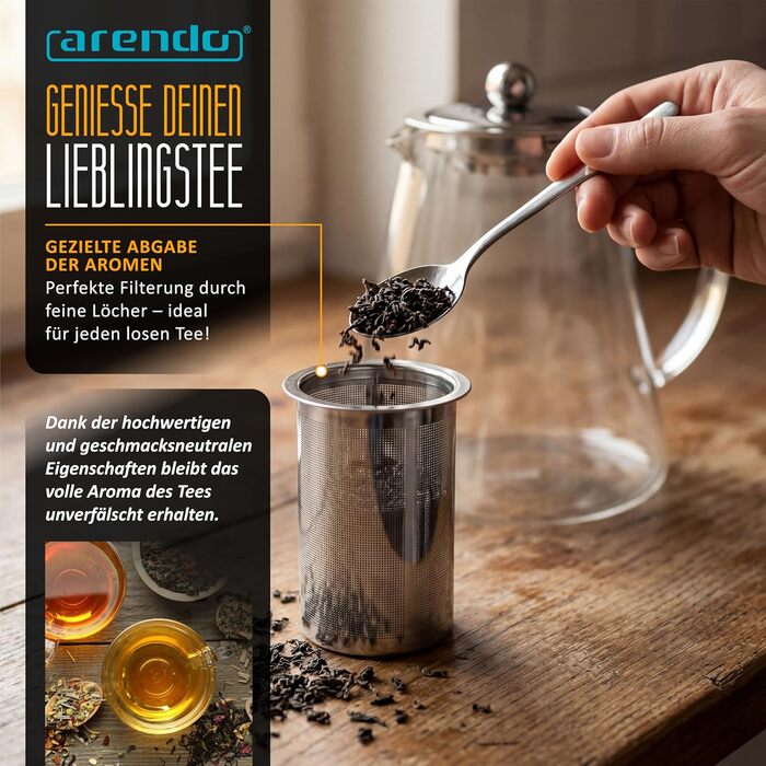 Чайник скляний Arendo з ситом 1200 мл – з боросилікатного скла, нержавіюча сталь, сито дрібного плетіння, термостійкий, для листового чаю, трав'яного чаю, фруктового чаю, чайник-заварник, довговічний