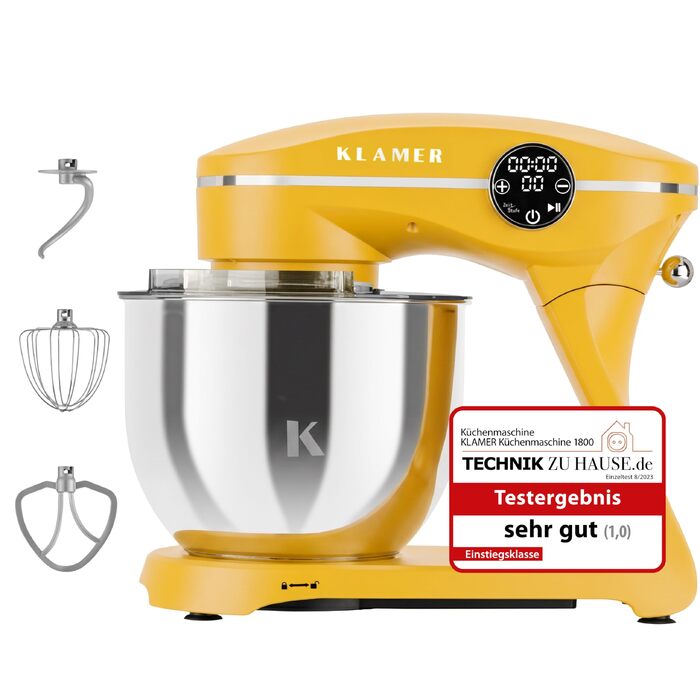 Кухонний комбайн KLAMER 1800W, планетарний міксер для тіста з чашею з нержавіючої сталі 6л (Premium Yellow)