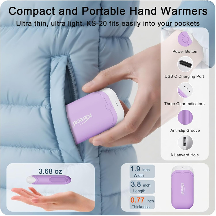 Електричні грілки для рук Karecel, 2 шт. - USB перезарядна модель, 10000mAh, для кемпінгу, гольфу, на вулицю (фіолетовий)