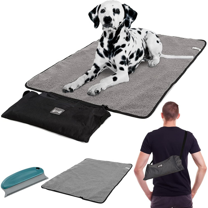 Килимок для собак Outdoor: Водостійкий, 100x70 см, миється. Підходить для подорожей, кемпінгу. З сумкою та пристроєм для видалення шерсті. Для собак та котів. Теплий килимок/ліжко. Велика подорожня ковдра (Чорний, Вовна)