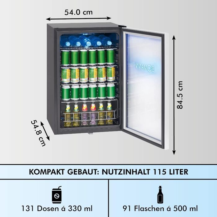 Холодильник для напоїв Bomann® KSG 7287 Inox | 63 літри | регулювання температури +3–10°C | з дверцятами зі скла, 4 полиці та LED-підсвічуванням | тихий, енергоефективний та компактний | для пляшок та банок