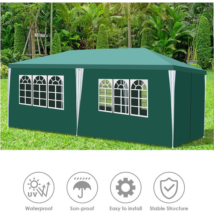 Garden pavilion - Garden pavilion with 6 side walls and windows, stable, UV protection, waterproof, party pavilion, folding garden tent, party tent, for outdoor use, garden, party, wedding (3x6m, Green)