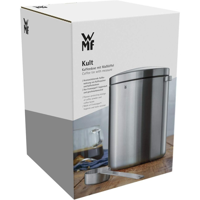 Канistra для кави WMF Kult Tee з нержавіючої сталі на 500г, з мірною ложкою, для кавових зерен та меленої кави, Cromargan® нержавіюча сталь, придатна для миття в посудомийній машині