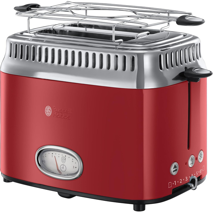 Russell Hobbs Toaster [for 2 slices] Retro Stainless Steel Red (Retro-style countdown display, includes bread roll attachment, 6 browning levels + defrost & reheat function, 1300W) Vintage 21680-56