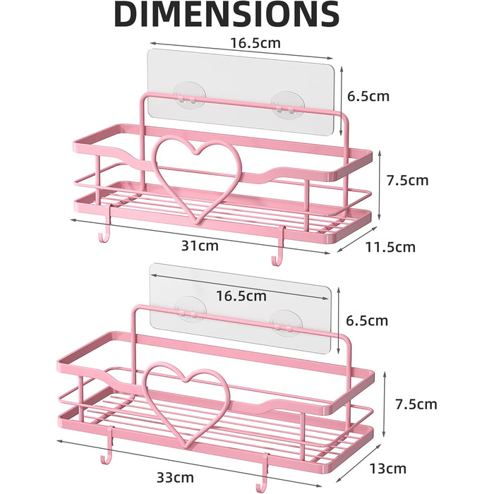 Двостороння поличка для душу без свердління, рожева, з 4 гачками, 11.5 см - органайзер для шампуню та мила