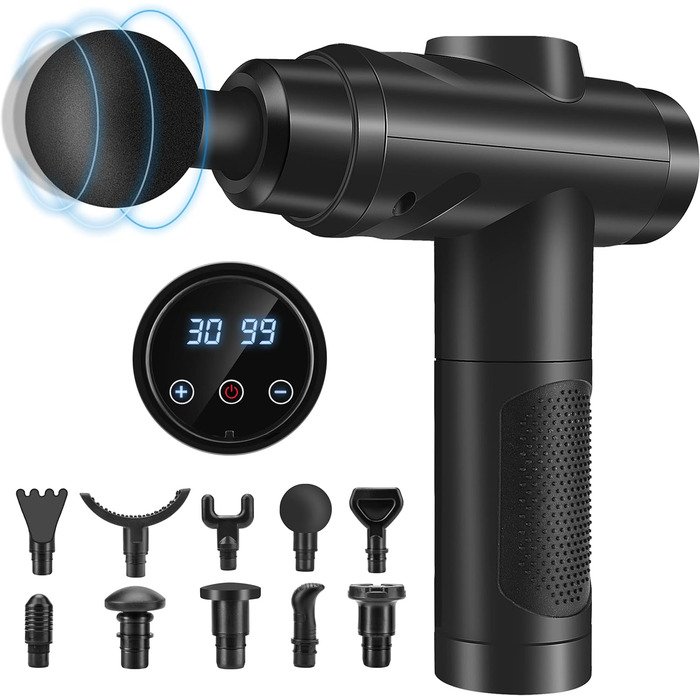 Muscle Percussion Massage Gun with 30 Speed Settings - Quiet Handheld Massager with LCD Touchscreen & 10 Massage Heads for Shoulder, Body, and Back Pain Relief