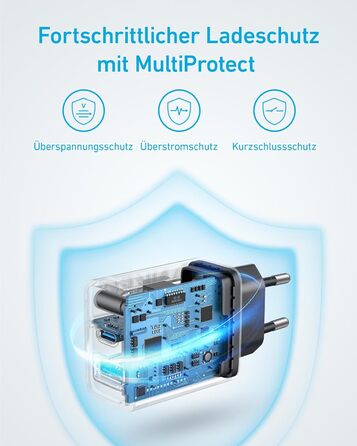 Зарядний пристрій Anker 20W USB-C, адаптер живлення для iPad, швидка зарядка, сумісний з iPhone 17/16/15, кабель USB-C (150см), чорний