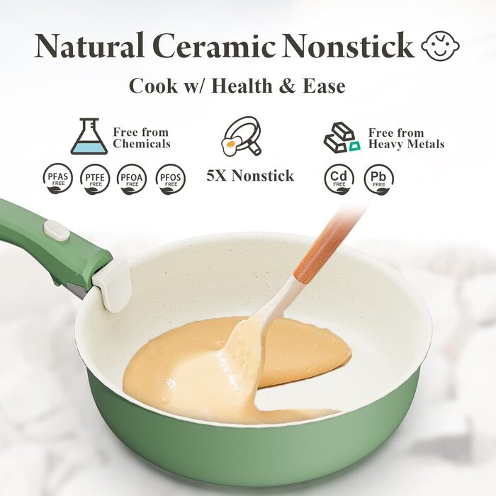 Набір посуду з кераміки 17 предметів: каструлі та сковорідки, безпечний, без ПФОА/ПФУ, для індукційних плит, знімні ручки, стійкий до подряпин та забруднень, придатний для миття в посудомийній машині та використання в духовці (зелений)