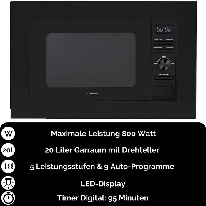 Мікрохвильова піч Wolkenstein WMW800-20GB: 800W, 20л, 6 рівнів потужності, 9 програм, розморожування, LED-дисплей, захист від дітей, чорний