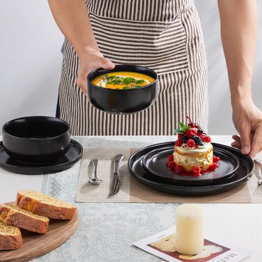 Набір посуду Joyfair на 6 осіб, 18 предметів: тарілки, миски, десертні тарілки, чорний колір, кераміка, для посудомийної машини та мікрохвильової печі